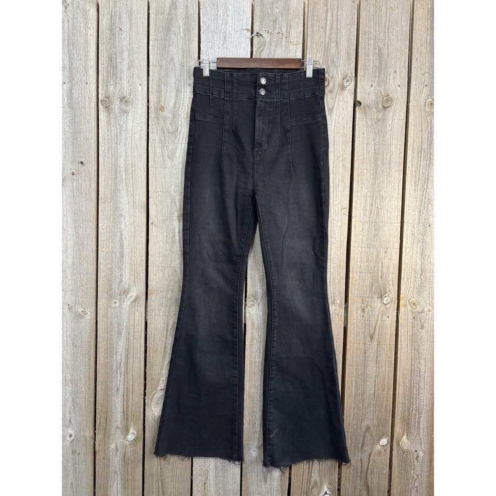 Free People High Rise Black Flare Jeans Size 28x30 Festival Boho Raw Hem Stretch